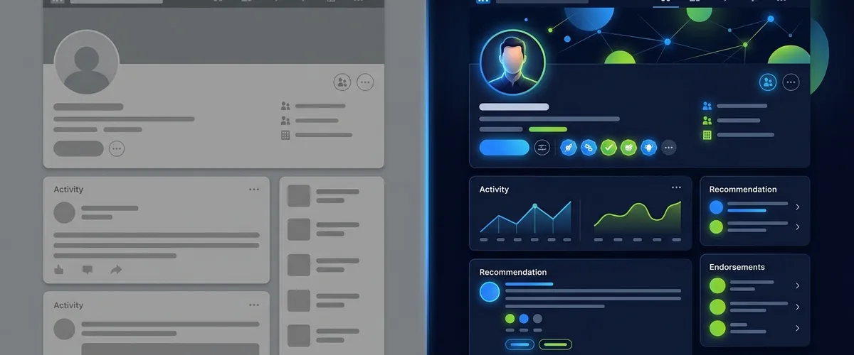 Commercial B2B optimisant son profil LinkedIn sur un ordinateur portable au bureau