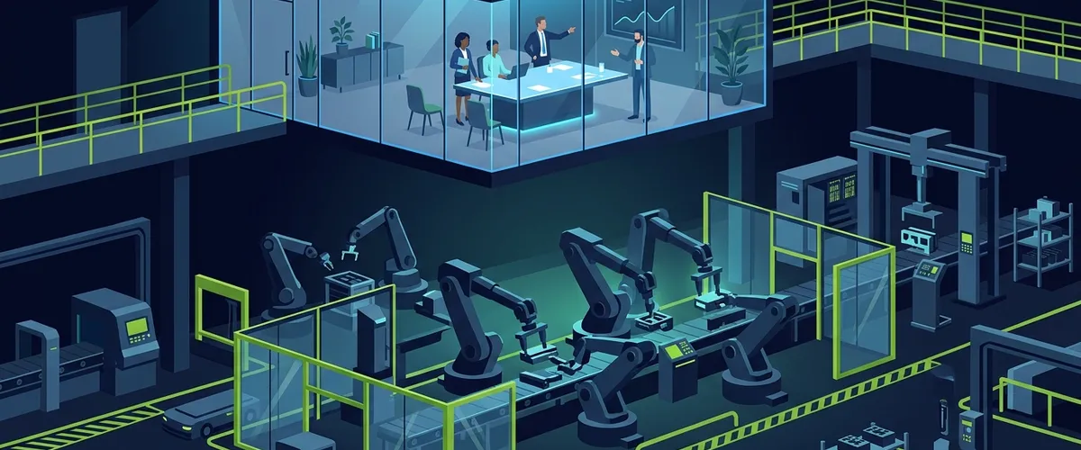 Responsable de production en usine discutant avec un commercial devant une machine industrielle